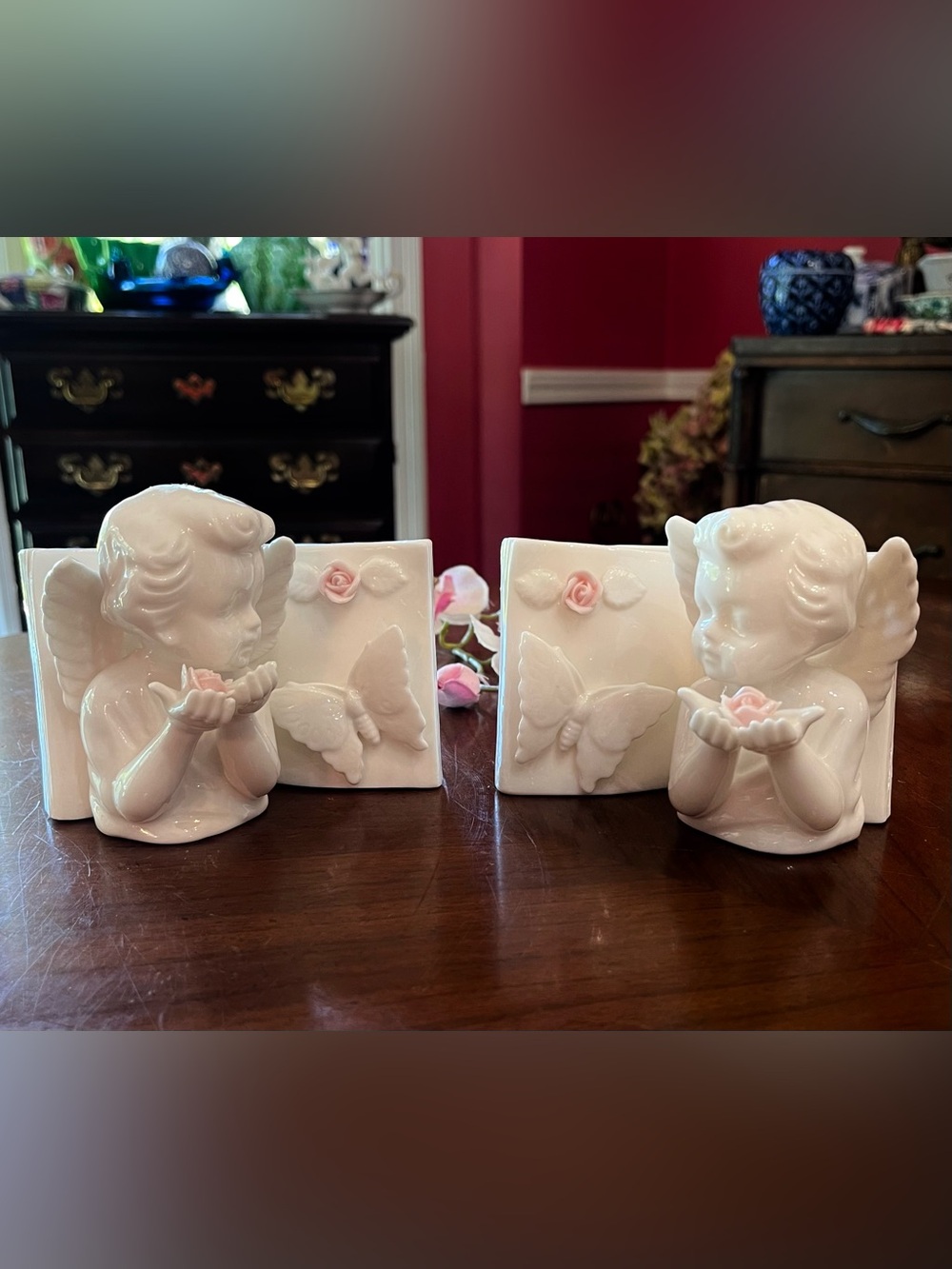 Lefton Japan White Glazed Porcelain Angel Wall Pocket Planters Pair w Foil label